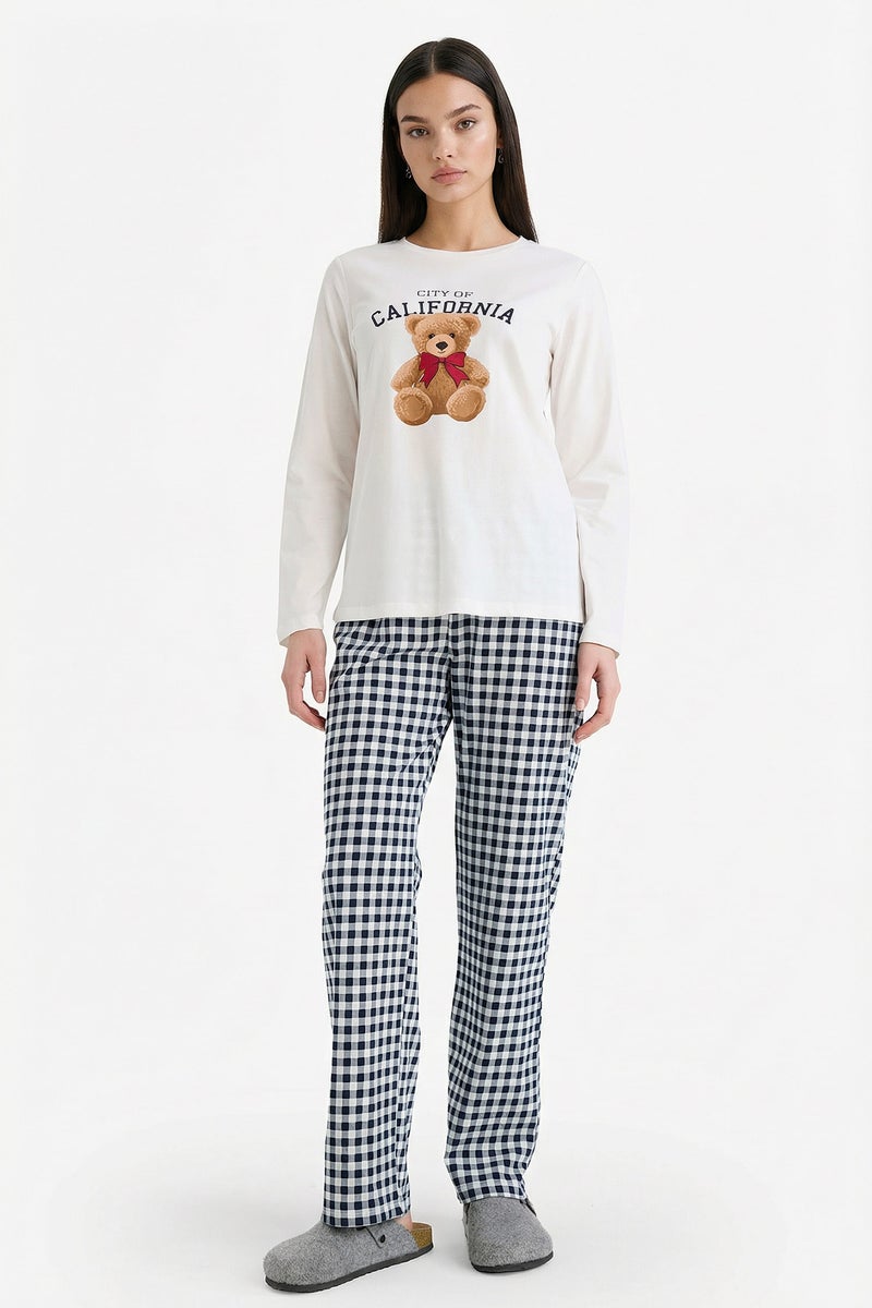 DeFacto Blue Woman Regular Fit Teddy Bear Print Top Bottom 2 Piece Pajama Set Casual - Image 1